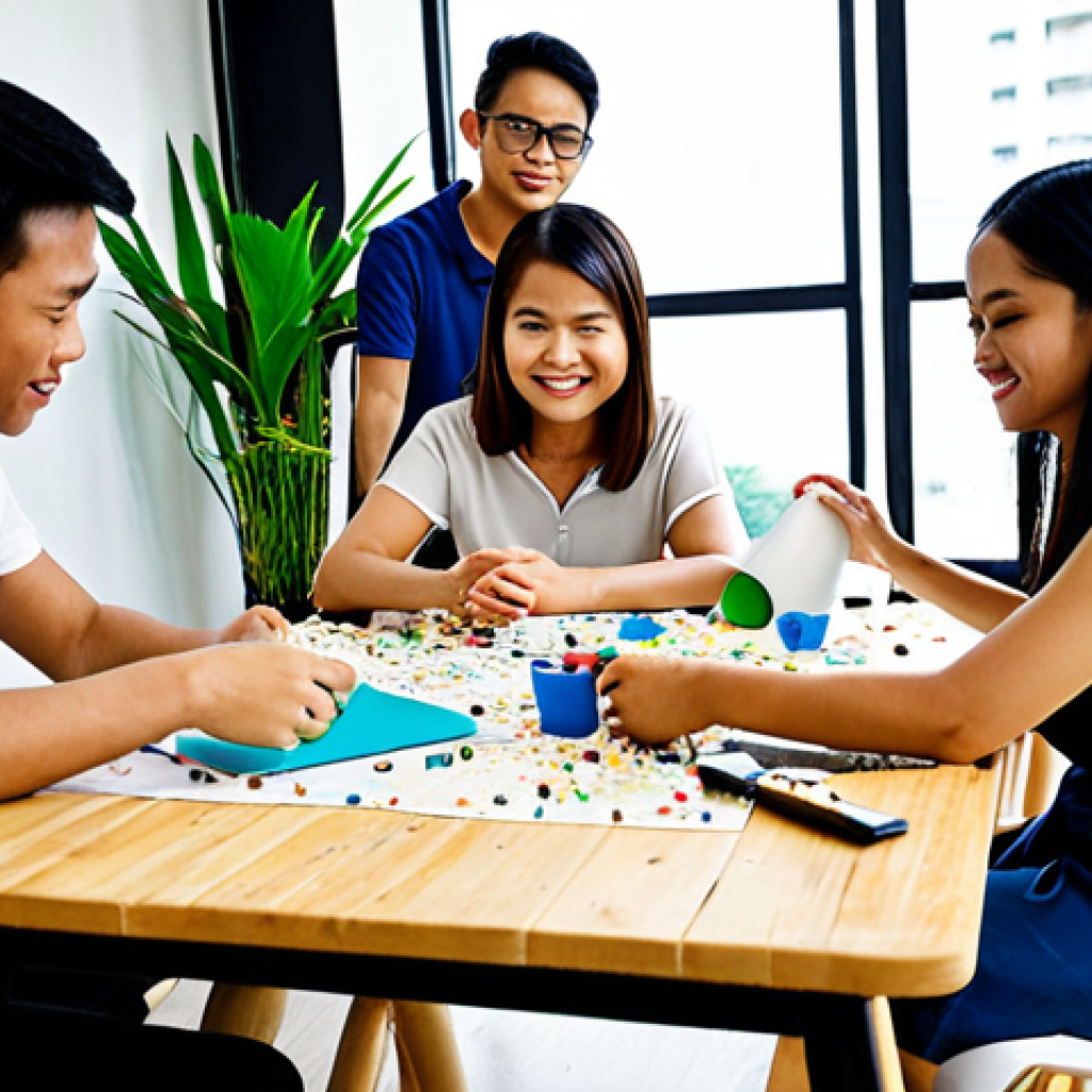 **

Prompt: A diverse group of Malaysians (students, designers, business people) collaborating around a table covered in product prototypes made from recycled materials like repurposed plastic and bamboo. The setting is a bright, modern co-working space in Kuala Lumpur.  Focus on teamwork and sustainable innovation.

**