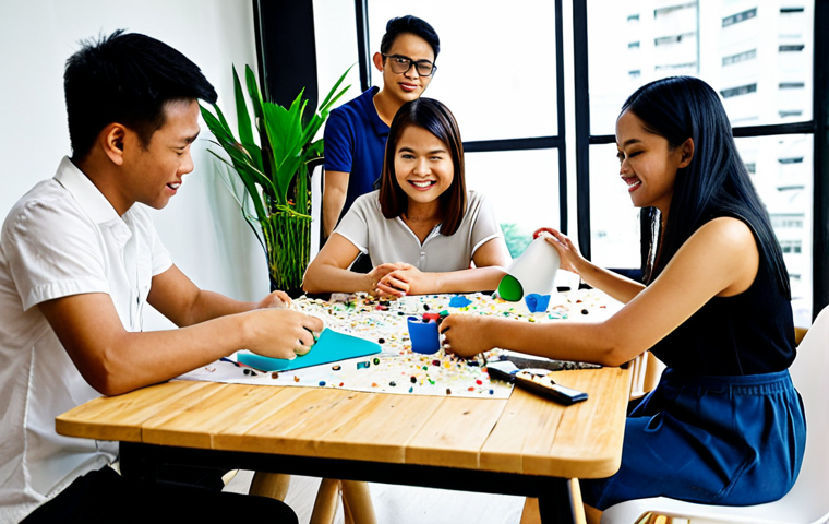 **

Prompt: A diverse group of Malaysians (students, designers, business people) collaborating around a table covered in product prototypes made from recycled materials like repurposed plastic and bamboo. The setting is a bright, modern co-working space in Kuala Lumpur.  Focus on teamwork and sustainable innovation.

**